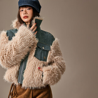 Chuu denim splicing jacket women's 2025 winter new rivet plush faux fur all-in-one plus velvet top medium denim blue one size