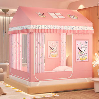 He jiagong class a small house bed tent 3-door children's yurt castle blackout anti-fall mosquito net bed separation artifact 2505 pink rabbit with thickened bracket + class a bed curtain suitable for 1 point 2 meter bed - width 120cm * length 200cm