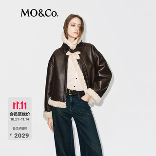 MO&Co.外套2025冬新品机车风素皮毛领皮袢扣立领夹克宽松短款MBE4COTT27 柚木棕色 M /165