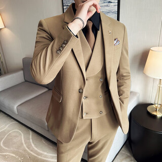 Less is more lilang winter thickened woolen material striped suit suit men's three-piece korean version slim british small suit groom khaki m
