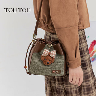 Toutou2025 new bag woolen bucket bag-standard plaid butterfly puppy pendant bucket bag chocolate brown (large version)
