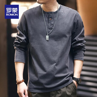 Romon high-end long-sleeved t-shirt for men 2025 autumn and winter new pure cotton loose and versatile tough guy henry collar bottoming shirt top for men 2315 glacier gray t-shirt l size suitable for 140-160jin jin equals 0.5 kg