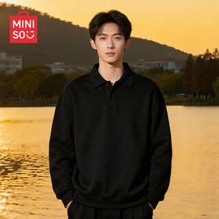 Miniso thickened sweatshirt men's plus velvet heavyweight men's jacket autumn and winter high-end polo collar pullover z black l