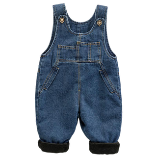Baby soft denim overalls plus velvet winter overalls for boys and girls thickened velvet outer wear one-piece baby pants blue plus velvet thickening 100 cm