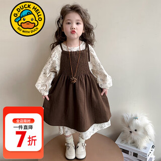 G.duck little yellow duck girls dress autumn wear long-sleeved floral skirt suit for children and baby girls princess dress coffee color 90 recommended 1~2 years old 80-90cm cm