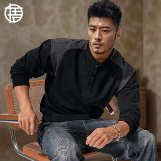Enlightenment 380g heavyweight thickened henley sweatshirt men's waist stitching contrasting loose cotton long-sleeved t-shirt autumn and winter black 2xl (160-180jin jin is equal to 0.5 kg)