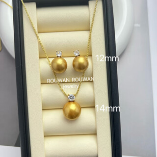 Reza 2025 new quality foreign gold bead pendant 18k gold princess necklace pearl earrings round thick gold with diamonds 12mm earrings + 14mm necklace (it is better to buy a set