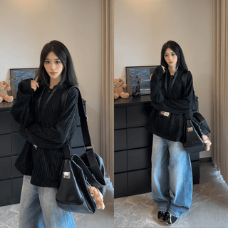 Fr.yh.zh herringbone henry collar sweatshirt men's autumn long-sleeved bottoming shirt american heavyweight relaxed hooded jacket black (upgraded fabric) 2xl