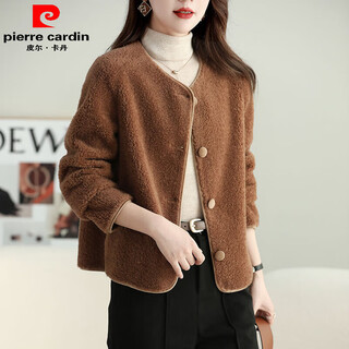 Pierre cardin little fragrance lamb fur jacket women's autumn and winter 2025 new faux fur all-in-one coat fashionable western jacket brown-price-big sale l 100-120jin jin equals 0.5 kg