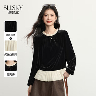 Sllsky gilded retro velvet shirt autumn and winter new french contrast ruffled loose fake two-piece top modern black s