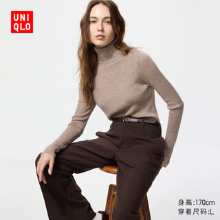 Uniqlo women's worsted merino wool ribbed two lapel sweater/long sleeve sweater new style 478337 31 beige l /160/88a