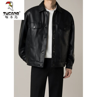 Woodpecker men's handsome men's motorcycle short leather jacket men's autumn and winter new trendy loose pu leather jacket black 2xl