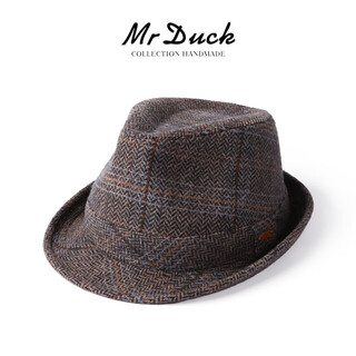 Mr DUCKmrduck秋冬新款复古人字纹羊毛呢礼帽男女卷边短檐美式爵士帽子 MW216236-棕褐(礼帽） 小码(52-55cm)
