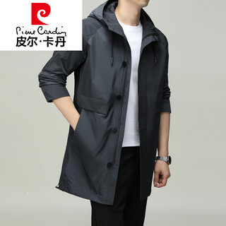 皮尔卡丹（pierre cardin）高档中长款风衣男士2026秋季新款高级感潮流休闲连帽夹克外套男装 192213灰色 M 170