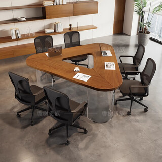 香榭贵族异形实木会议桌长桌简约现代办公室接待桌培训桌大小型会议室办公 1.45米三边洽谈桌+人体工学椅*3