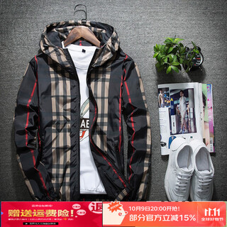 Barbouria autumn and winter jacket large size hong kong style casual men's hooded clothes versatile men's style black check m