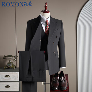 Romon suit + vest + trousers tencel lyocell cotton wool double breasted suit dress men black xl