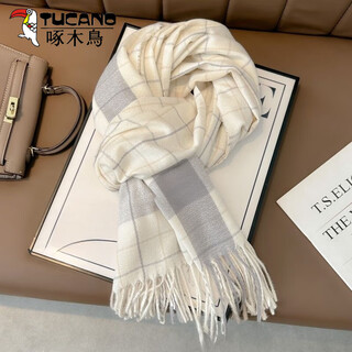Woodpecker (tucano) couple plaid scarf for men and women in autumn and winter 2025 new korean style versatile student warm and fashionable scarf gift beige color