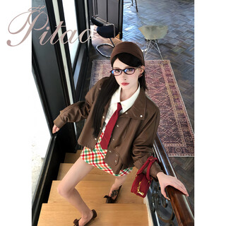 杜屁屁桃 原创【权利美学】女秋季长袖气质宽松时尚皮衣短裤套装 外套 XS