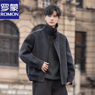 Romon stand collar woolen coat men's 2025 new double-sided woolen woolen coat short loose zipper jacket top black gray m