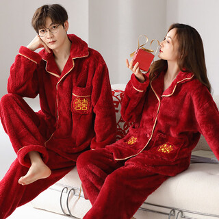 Red bean (hodo) red pajamas couple coral velvet autumn and winter thickened wedding dress newlyweds festival men and women korean home decoration set cardigan velvet 1106 red m women give men l