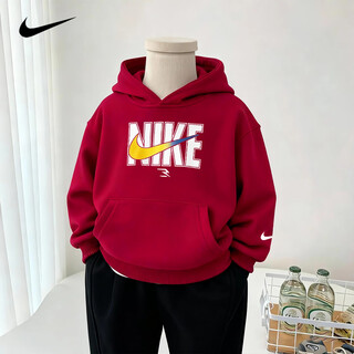 Nike nike children's red hooded velvet sweatshirt new year 2025 boys winter thickened big children's clothing girls tops college red 2233 velvet thickened high gram weight 160 /xl recommended height 158-170cm