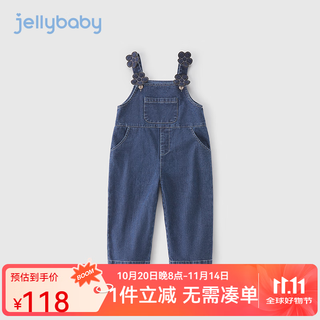 JELLYBABY背带裤女宝宝2025女童春秋水洗牛仔裤大童秋季直筒长裤时髦儿童 牛仔蓝 110