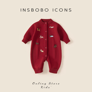 Insbobo baby jumpsuit 2025 winter new baby long-sleeved sweater infant and toddler outdoor autumn and winter sweater red 90cm