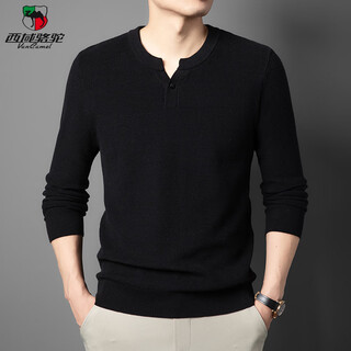 Western camel (vancamel) high-end pure cotton henry collar men's sweater thickened autumn and winter new solid color anti-pilling pullover bottoming trendy long-sleeved black 4xl