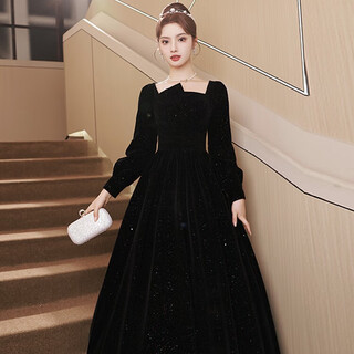 Libaixin black long-sleeved evening dress female celebrity banquet annual meeting long dress host french adult ceremony art test dress autumn and winter blue 2xl recommended 122-128jin jin equals 0.5 kg