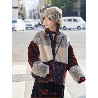 Le bemio line drawing workshop lagland winter wandering style multi-color stitching thickened quilted plush short jacket color block plush s