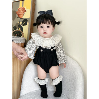 Xier korean style baby suit spring style baby girl lace sweet and stylish floral top girls overalls suit floral suspender bag black two-piece set 80 cm