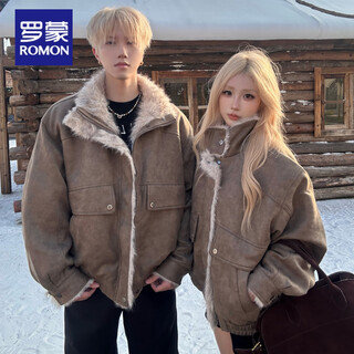 Lomon fur one-piece maillard motorcycle jacket thickened autumn and winter couple wear american retro bomber jacket cotton coat brown coat for men and women s