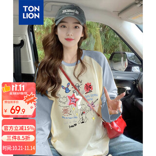 Tonlion 2025 autumn women's round neck raglan sleeve colorful patterned chest long sleeve t-shirt