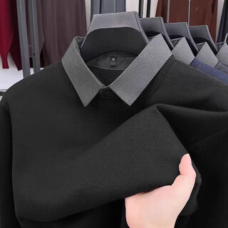 丨lilang丨fake two-piece set of wool sweaters autumn and winter thick velvet bottoming sweater business casual shirt collar sweater for men 7335 (black style) velvet l one size fits all 50 (recommended 120-140 jin jin equals 0.5 kg)