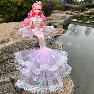 Shantou lincun's new mermaid doll girl toy princess children's birthday gift handmade doll wedding dress simulation doll lace mermaid pink about 45 cm long from head to tail