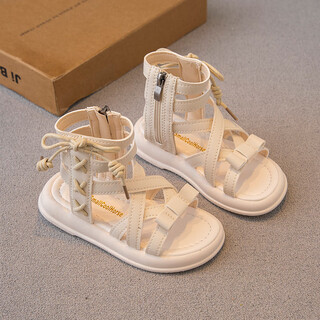 Girls sandals 2024 summer new children's shoes little girls princess shoes soft sole casual roman shoes fashionable beige 35_inner length 21.8cm