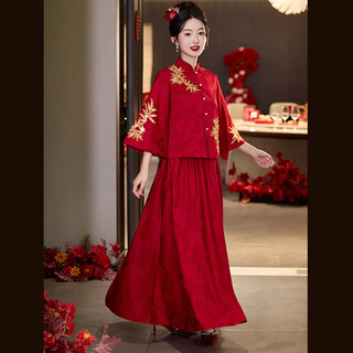 Vimadtly maternity toast dress temperament bride wedding engagement dress skirt cheongsam new chinese wedding dress large size fat mm to cover the belly burgundy top + skirt 3xl