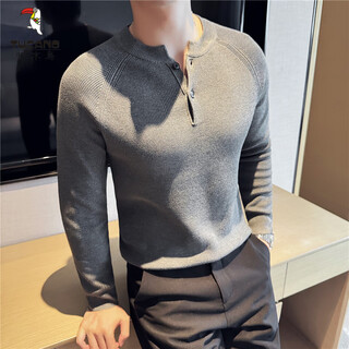 Woodpecker (tucano) 2025 new autumn henley collar men's yuppie sweater polo bottoming shirt solid color thickened sweater trend gray l