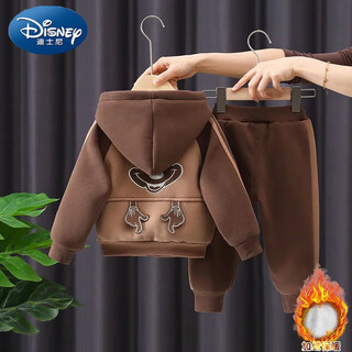 Disney (disney) boys' autumn and winter suits, new style, 1-5 years old, 3 children's coats, baby sweatshirts, two sets of winter clothes, thickened with velvet, brown, thickened, velvet 90