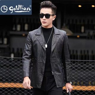 Goldlion haining Новый мужской костюм из овечьей кожи Ветровка Мотоциклетная кожаная куртка средней длины Тонкий повседневный черный l_115-125jin jin весит 0,5 кг