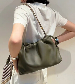 2025 new chinese crossbody women’s bag cowhide lucky bag bucket bag drawstring cloud bag one shoulder crossbody underarm women’s bag dark khaki green-small
