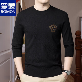 Romon fashionable spring and autumn wool long-sleeved t-shirt men's round neck thin jacquard sweater slim knitted bottoming shirt for men h5511 black l 170120-135jin jin equals 0.5 kg