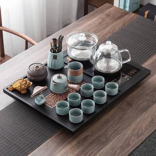 Fantasy tea set set for home drinking fully automatic all-in-one kung fu tea set for tea ceremony living room solid wood tea tray tea table 60*45 ge kiln side handle bottom glass black
