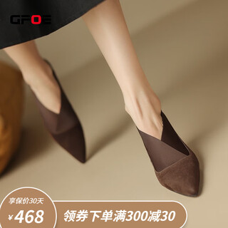Gfoe korean style genuine leather sheepskin frosted single shoes for women elastic cross-strap toe and ankle boots slimming temperament nude boots single lining brown 36