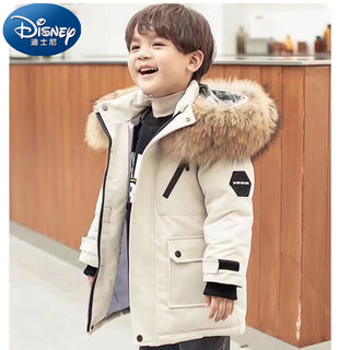 Disney boys' cotton padded coat thickened parka coat 2025 autumn and winter coat children's hooded large fur collar cotton coat off-white 110 cm