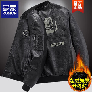 Romon haining leather jacket men's autumn and winter leather jacket fat motorcycle jacket plus fat plus size embroidery handsome black + velvet thickening m 90-100jin jin is equal to 0.5 kg