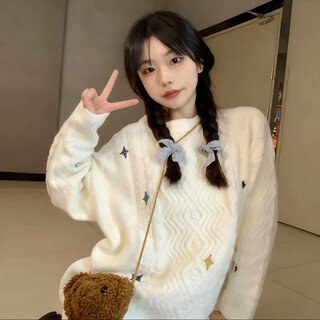 Lugeli sweater women's autumn and winter ins style retro cute thick knitted sweater lazy loose versatile pullover outer top beige one size recommended 80-120