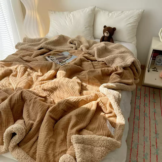 Rsrddy simple jacquard rabbit plush thick autumn and winter lamb velvet blanket casual blanket student coral velvet shawl sofa cover blanket caramel coffee single blanket丨150x200cm