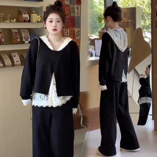Fantan fat mm three-piece set spring and autumn plus size women's loose belly-covering sweatshirt lace top wide-leg pants suit for women black top + lace bottoming + casual pants (three-piece set) 3xl - recommended 160-190jin jin is equal to 0.5 kg